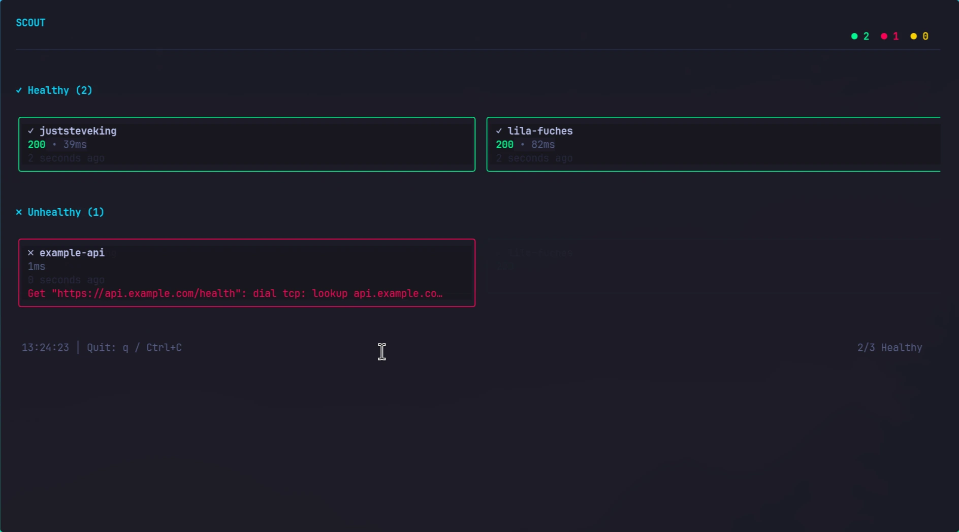 Scout CLI in action showing service health checks